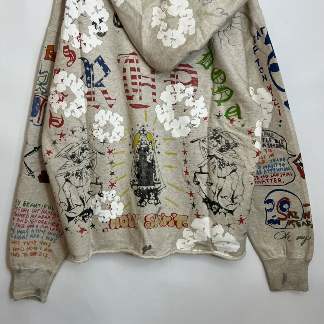 DENIM TEARS × ©SAINT M×××××× "SAINT TEARS" Graffiti Hoodie Joint Model Cotton Graffiti Hoodie Fully Printed Washed Distressed Holes Vintage Sweatshirt Gray S-XL Super Heavy Duty! The whole piece is printed with 35 screens and counterpoint printing!